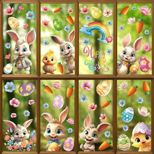 sulanmo 8 Feuilles Autocollants Pâques Fenêtre, Autocollant PVC Réutilisable de Fenêtre Lapin...
