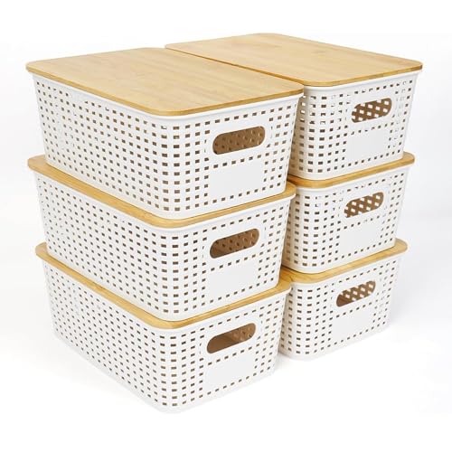 6 PCS Storage Bins with Bamboo Lids Plastic Baskets Plastic Storage Containers for Organizing Stackable Storage Box with Handle for Shelves Drawers Desktop Closet Classroom Office（White）