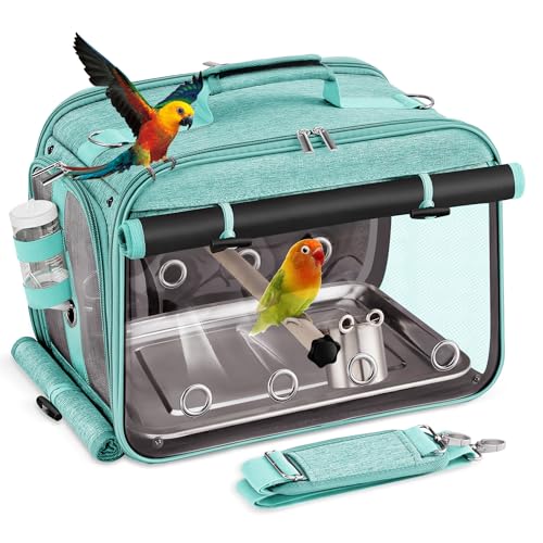 Sanmoncare Airline Approved Bird Carrier, Indestructible Stainless Steel Mesh Parrot Travel Cage, Cockatiels Travel Carrier Lightweight and Portable with Water Bottle and Bowl