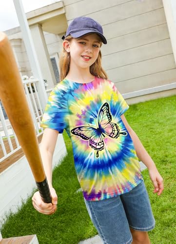 Image of SunFoucs Girls Kids Shirts Size 5-12 Tie Dye Casual Tshirt Short Sleeve Crewneck Tee Top | Short Sleeve Rainbow Tee Top