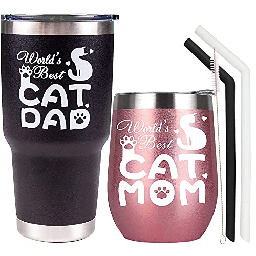 Gifts for Cat Lovers, Cat Lover Gifts, Presents for Cat Owners, Cat Mom Gifts for Women, Cat Dad Gifts, Cat Mom Cat Dad Couple Gifts Set, Best Cat Mom and Cat Dad Ever Tumbler Mugs Cup