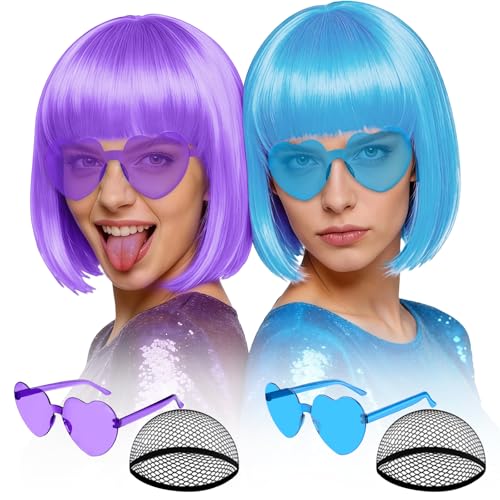 Image of MEEZY 2 Pcs Colorful Bob Wigs with Bang Sky Blue Light Purple for Women, Neon Funny Wig Short Bob Hair with Heart Sunglasses Hair Cap for Halloween Costume Cosplay Birthday Bachelorette Party Carnival