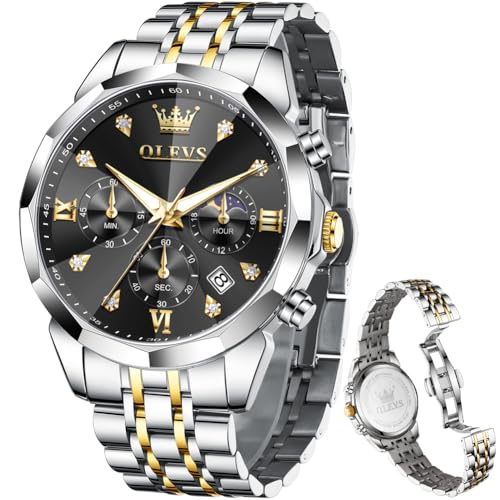 Image of OLEVS Watch for Men Luxury Gold Diamond Chronograph Business Wristwatch with Analog Quartz, Date Calendar, Stainless Steel Band, Luminous Hands, Waterproof