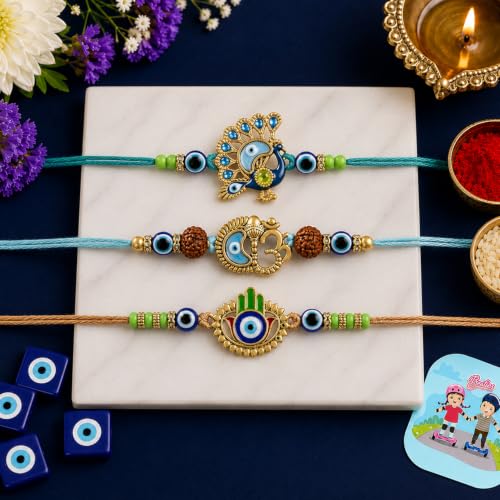 Image of Set of 3 Rakhi for Brother with Magnet Gift Raksha Bandhan Combo Set, Designer Evil Eye Ganesha Peacock Rakhi, Traditional Thread Set for Men Boys, Premium Festival Gift for Raksha Bandhan