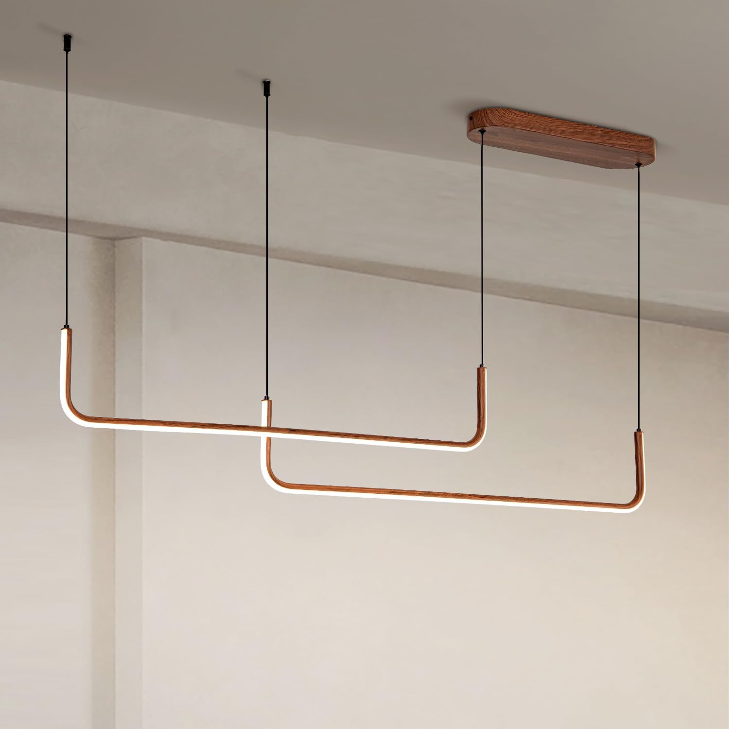 Sedelan Wood Linear Chandelier, LED Dining Room Light Fixture, Modern Pendant Light for Kitchen Island Living Room Office Bar, Aluminum Walnut Print Brown 2-Light 3000K