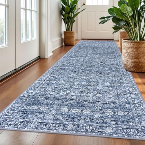 3x10 Blue Washable Runner Rug for Kitchen, Soft Classic Runner with Non-Slip, Non-Shedding Distressed Floral Rug for Hallways Entryway Bedroom Bathroom Laundry Indoor