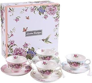 Tea Cup and Saucer Set 4 Coffee Cups Gifts for Women Expresso Coffee Cup Afternoon Tea Set New Bone China Vintage Flora Rose Gift for Her for Home Restaurants and Tea House (1 set of 4)