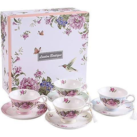 Coffee Tea Cup and Saucer Set 4 Shabby Chic Vintage Porcelain Bird Butterfly Flora Gift Box (1 Set of 4) Cover