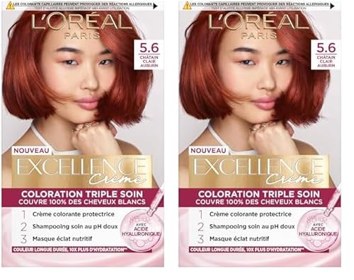L’ORÉAL PARIS - Coloration Cheveux Permanente Triple Soin - Couvre 100% des Cheveux Blancs - Excellence Crème - Nuance : Châtain Auburn (5.60) (Lot de 2) L’ORÉAL PARIS - Coloration Cheveux Permanente Triple Soin - Couvre 100% des Cheveux Blancs - Excellence Crème - Nuance : Châtain Auburn (5.60) (Lot de 2)
