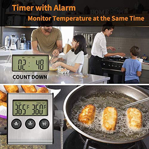 Thermomètre numérique à viande d'four & Chronomètre, grande LCD Thermomètre alimentaire de cuisine numérique avec sonde, acier inoxydable lecture instantanée Grill / thermomètres de rousseur pour la cuisine de four extérieur fumée BBQ Turquie, Argent
