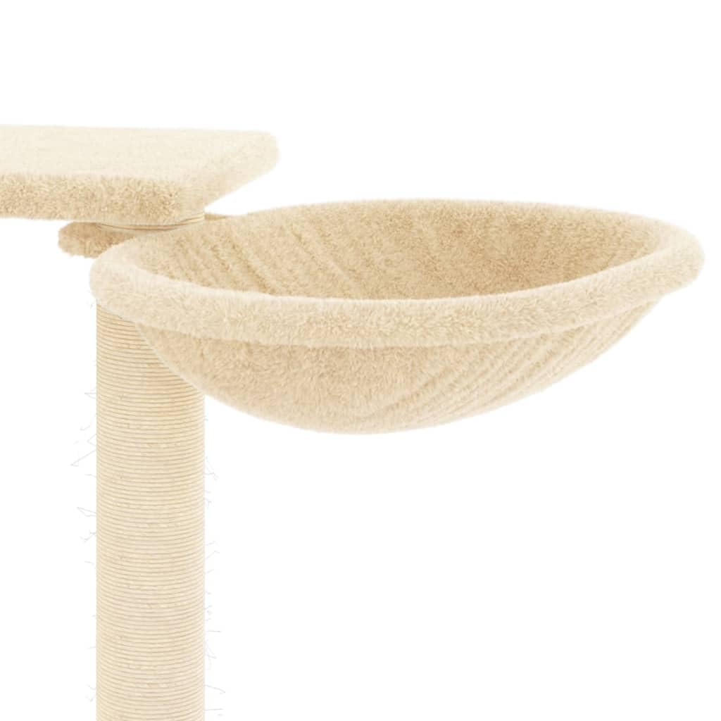 Kratzbaum 82 cm hoch Katzenbaummit 2 Katzenhäusern Creme | Mehrstufiger Spielturm aus Holzwerkstofffür das Wohnzimmer mit Sisal-Kratzsäulen und Liegemulden.