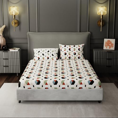 Image of BLISSHOME SoftTouch 150TC Cotton King Size Fitted Bedsheet with 2 Pillow Covers, Silky Smooth Bedding Set, Breathable, Easy Maintain, Geometric Pattern - Cream (183cm x 198cm + 25cm Drop)