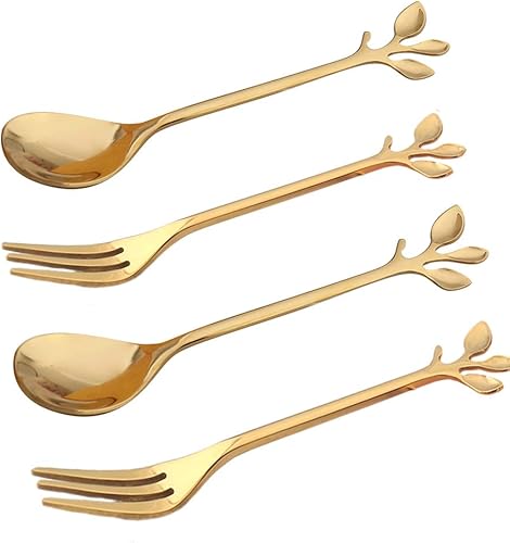 Gold Leaf - Cuchara de café expreso para aperitivo, tenedor de postre, helado para té, azúcar, tenedor para pastel de frutas, acero inoxidable de