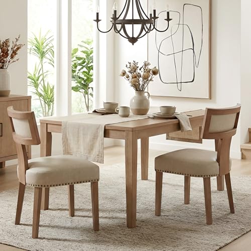 Image of HNY Mid Century Modern Dining Chairs Set of 2, Farmhouse PU Leather Upholstered Accent Chairs Curved Nailhead Trim Backrest Kitchen Chairs, with Hardwood Frame, Grey