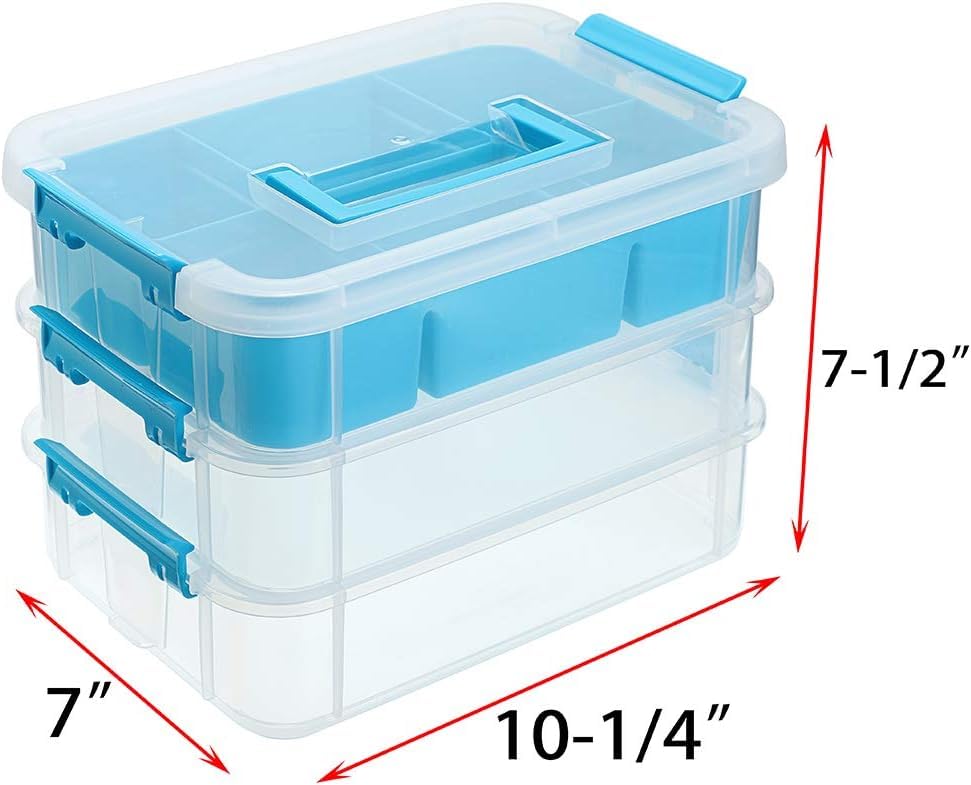 Image of plastic boxes for Storage transparent boxes for storage, Portable & Stackable Space Saving Organiser with Lid for Medicine, Jewelry, Arts & Crafts, Buttons, Beads (Blue, 3 TIER WITH 1 TRAY)