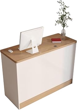 Reception Desk Modern Small Checkout Counter, Simple Cashier Front Desk Reception Room Table with Open Shelves and Lockable Drawers for Lobby Beauty Salons Shop