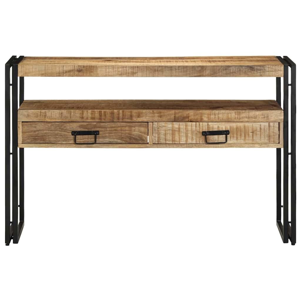 Stolik konsolowy z regałem z litego drewna mango i ramą stalową, brązowy, 120 x 33 x 75 cm, do korytarza, salonu, sypialni, z 2 szufladami i półką na dekorację i napoje