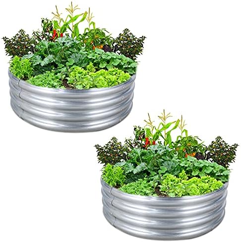 FORTUNO Round Galvanized Raised Garden Bed Kit Box 4 FT (2 Pack) Metal Outdoor Flower Bed Steel Patio Ground Planter for Planting Vegetables and Herb, Silver