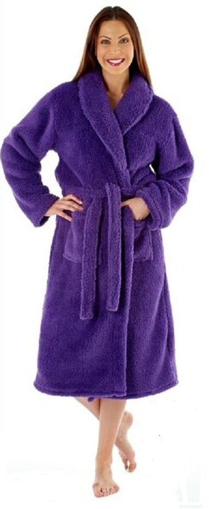 Ladies Luxury Soft Fluffy Fleece Dressing Gown Robe wrap Tie Belt (10/12, Purple)