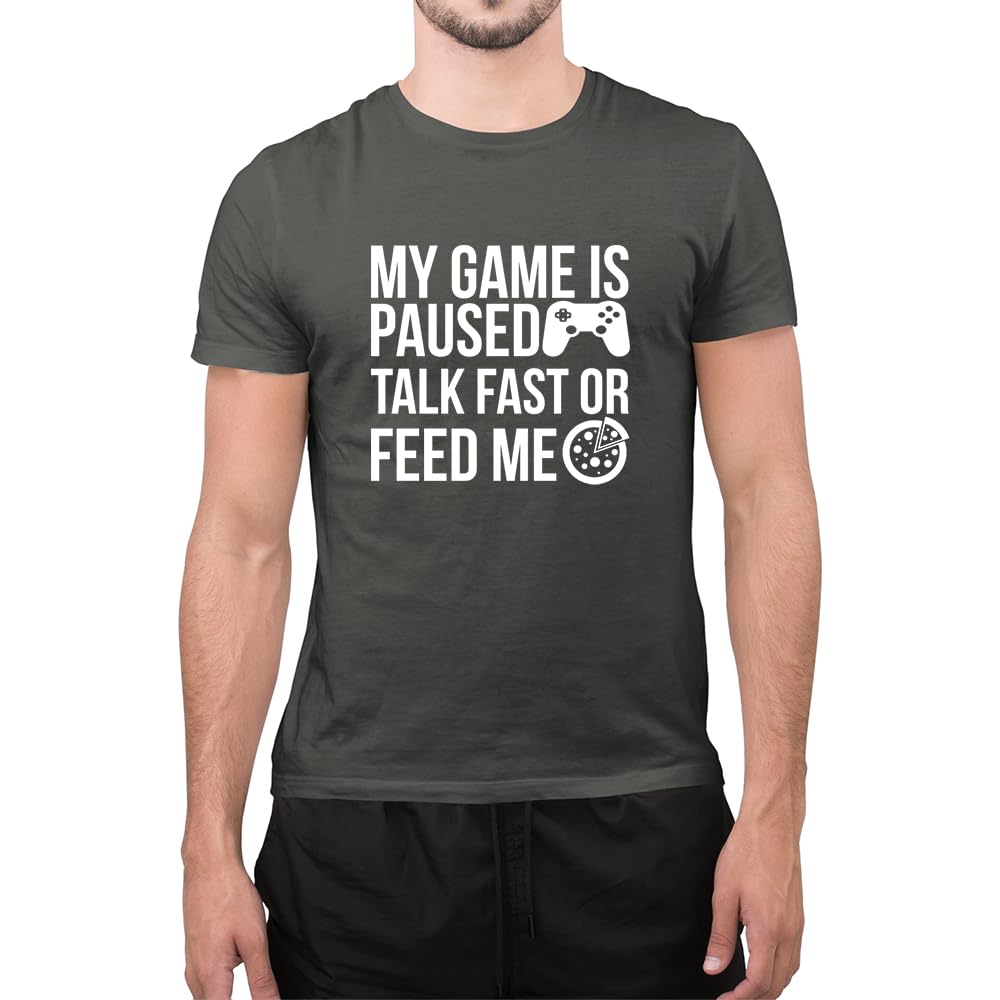 Graphic Impact Charcoal Funny My Game Is Paused Gamer Slogan Foodie Pizza Lovers Gaming Novelty T Shirt (Small, )