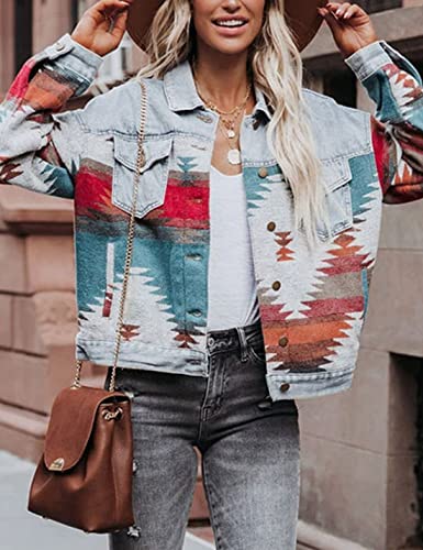 HangNiFang Aztec Denim Jacket Shacket for Women Button Down Vintage Distressed Blue Jean Jacket2