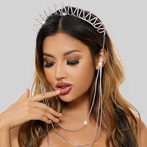 IYOU Mary Halo Crown Headband Silver Sparkly Rhinestone Goddess Headpiece Tiara Tassel Wedding Party Costume Hair Band Headwear for Women(Silver-C) - Image 2
