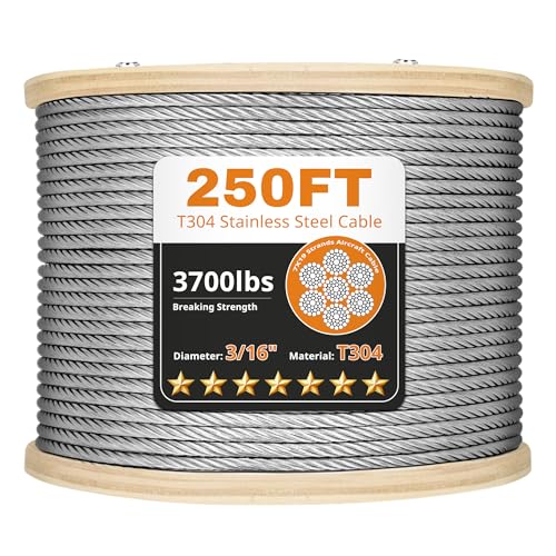 Thickened 3/16 Stainless Steel Cable 250ft Wire Rope 7X19 Strands Aircraft Cable 3700lbs Breaking Strength Zip Line for Heavy Duty Applications Deck Railing String Lights & Yard Zipline