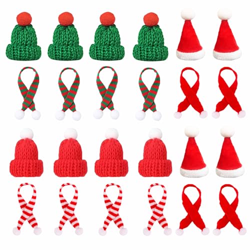 ATSNOSH 24 Stück Mini-Weihnachtsmütze und Mini-Schal Set, Strickende Santa-Hüte, für Weihnachtsfeier Dekor, Weinflasche Abdeckung, Christmasbaumschmuck (24 Stück)
