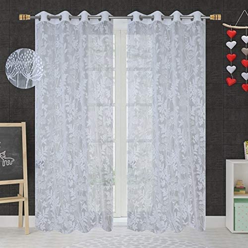 Image of Honger Polyester Fancy Decorated White Net Tissue 4 x 5 Feet Window Curtain Pack of 2 Pcs Curtain for Living Room use