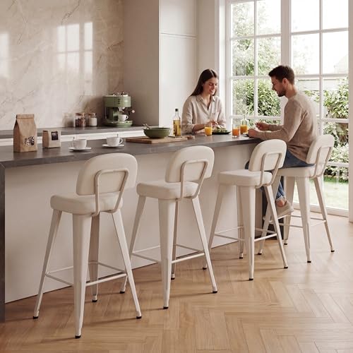 Image of Yongchuang 26 inch Bar Stools Set of 4, Faux Leather Counter Height Stools with Back Metal Legs Modern Upholstered Barst9ols for Kitchen Island Grayish White