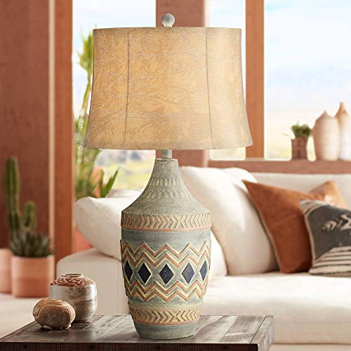 Desert Valley Rustic Southwestern Style Table Lamp 28.5 Tall Gray Pattern Jar Faux Leather Shade Decor for Living Room Bedroom House Bedside Nightstand Home Office Entryway - John Timberland
