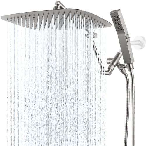G-Promise All Metal 14 Inches Rainfall Shower Head with Handheld Spray Combo, 3 Settings Diverter, Adjustable Extension Arm with Lock Joints, 71 Inches Stainless Steel Hose (Brushed Nickel)