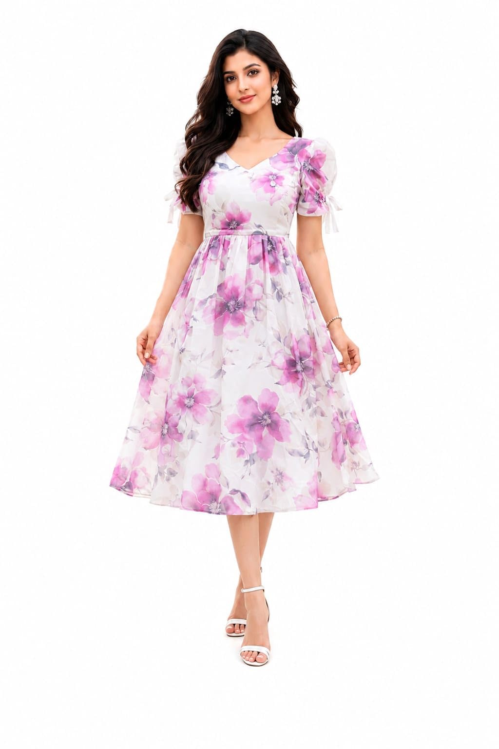 White & Pink Floral Printed Midi Dress with Puff Sleeves-picture-14
