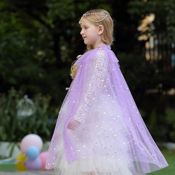 Image of Princess Cape for Girls - Colorful Sequin Cloak with Crown and Wand for Birthday, Halloween, Fancy Dress & Carnival