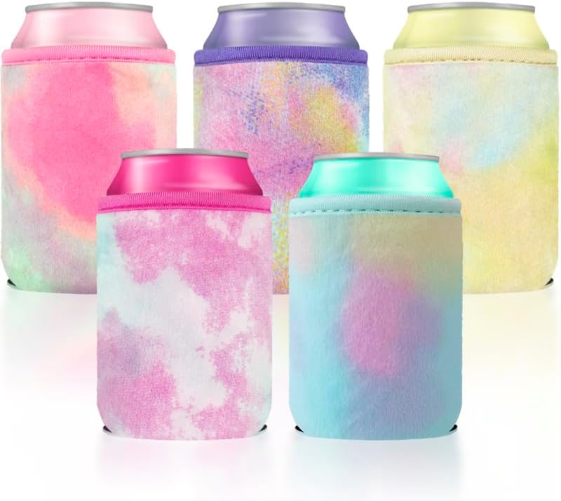Fuzzy Can Cooler Sleeves for Regular 12oz Beer and Soda drink, Soft Velvet Neoprene Insulated Cans Holder in Bulk, Set of 5 Pack, Multicolor Tie Dye - Image 2