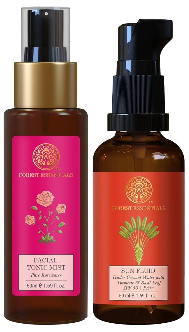 SUN FLUID Tender Coconut Water with Turmeric & Basil Leaf SPF 50 | PA + +| 50 ml & Travel Size Facial Tonic Mist Pure Rosewater| 50 ml Combo