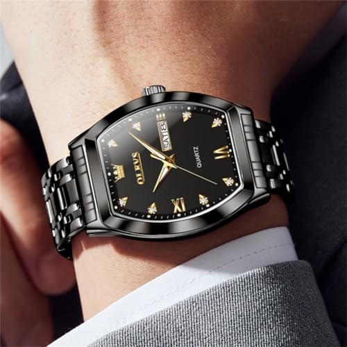 OLEVS Watch Men Luxury Dress All Black Stainless Steel Wrist Square Rectangle Watches for Men Analog Quartz Waterproof Luminous Fancy Fashion Diamond Mens Watch Relojes para Hombres — view 3