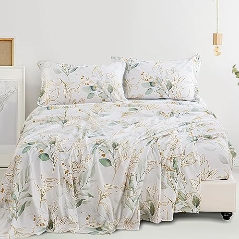 Anibedding Botanical Sheet Set 4 Pieces Floral Bed Sheets Queen Size Soft Microfiber Bedding Fitted Sheet 2 Pillowcases 1 Fitted Sheet 1 Flat Sheet(Green Queen) Cover