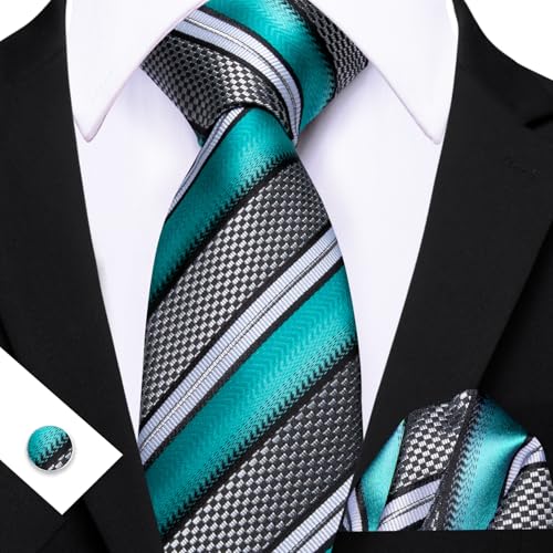 Image of Barry.Wang Man Stripe Ties Set Silk Woven Pocket Square Necktie Cufflinks Formal Party Business