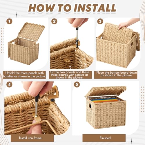 Image of Jingmore File Organizer Box with Scalloped Lid, Paper Rope, Brown | Portable Storage Box Collapsible Letter Hanging Filing Organizer Basket for Office /home, Woven Wicker Decorative Document Box