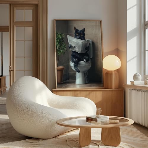 Image of Cat Black on Toilet Wood Framed Wall Art Print Poster, Dog Bathroom Humor Decor Posters Prints for Restroom Home Picture Painting Artwork Gallery 7 (Cat Black, 11 inchW x 14 inchL, Wood Frame)