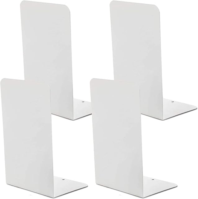 4 Pieces Heavy Duty White Decorative Metal Bookends, VONDERSO Metal Book Ends Support for Shelves Divider Stopper Holder with Non-Slip Rubber Pad for Decor, School, Home, Office, Library, Gift