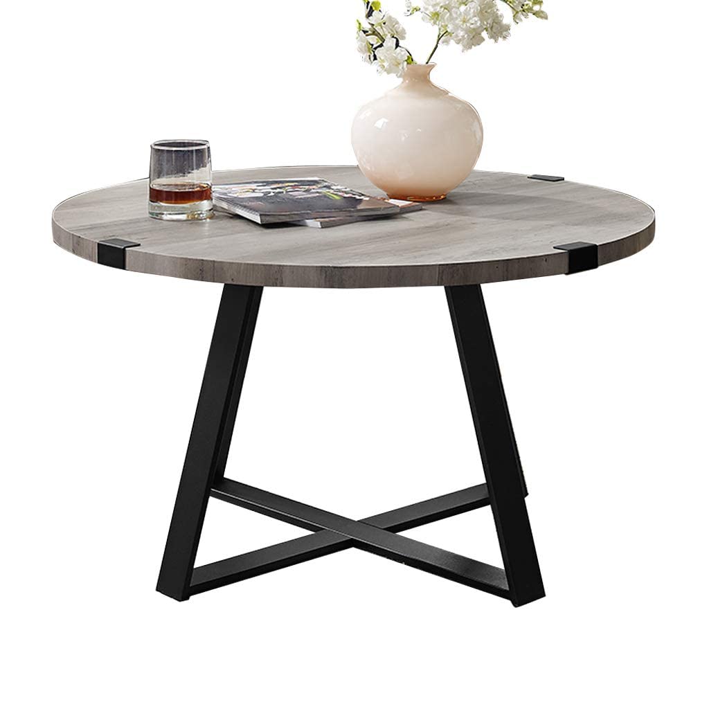 Table basse ronde bois et fer forgé style rustique industriel salon 43,5 cm