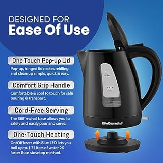 Elite Gourmet EKT8690 1.7L Electric Tea Kettle 1500W Hot Water Heater Boiler BPA-Free, Fast Boil, Water Level Window and Auto Shut-Off, Black