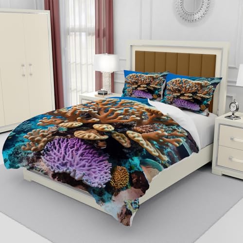 Housse de couette microfibre 240x260 fermeture éclair motif corail - 3
