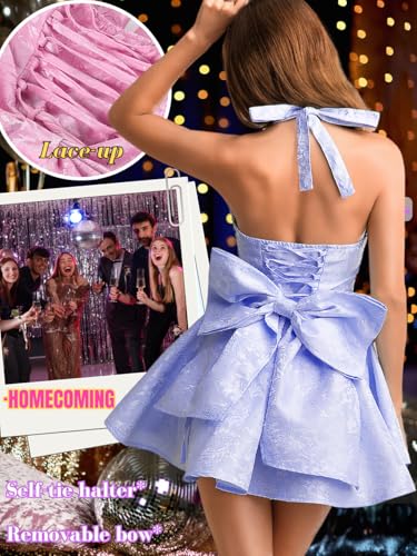 Image of ShawGobow Jacquard Corset Dress,Deep V Halter Mini Dresses with Bow Back,Sexy Birthday Outfits Women Homecoming Prom Formal
