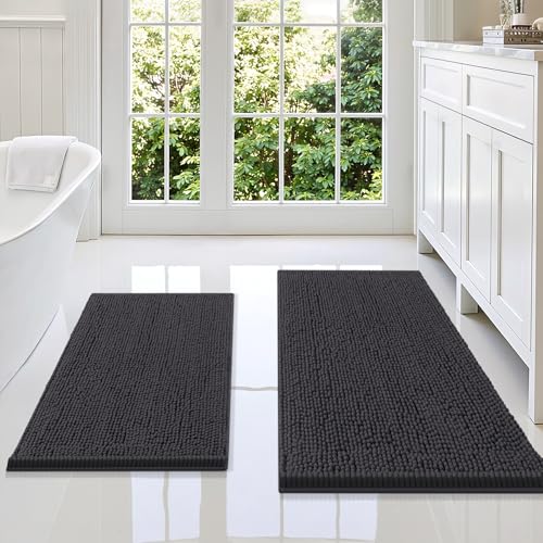 Image of Smiry Bathroom Rugs Sets 2 Piece, Soft Absorbent Chenille Machine Washable Non Slip Shaggy Bath Rug Set for Tub, Shower, and Floor (36x24+30x20, Charcoal Grey)