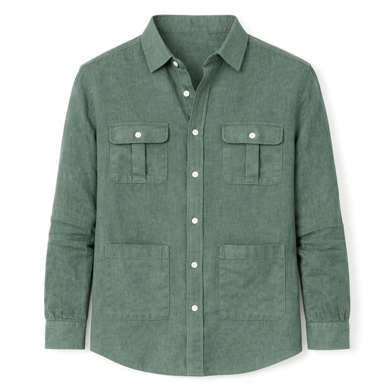 Blue coast yachting Camisa de Lino para Hombre, Manga Larga con 4 Bolsillos y Cuello Abotonado, Estilo Safari Casual para Verano y Playa, Camisa Guayabera Ligera y Transpirable
