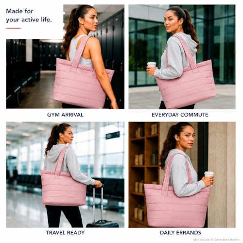 Image of Reebok Womens Tote Bag - Lightweight Carry On Puffer Quilted Tote Bag for Travel Work Travel and Daily Essentials