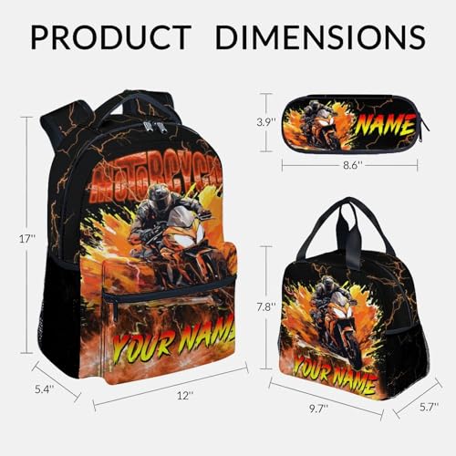 Boys Backpack Set, Personalized Kids Backpack with Lunch Box, Motorcycle Bookbag for School, 17 Inch Custom Car Bookbag, Durable School Supplies - Image 4